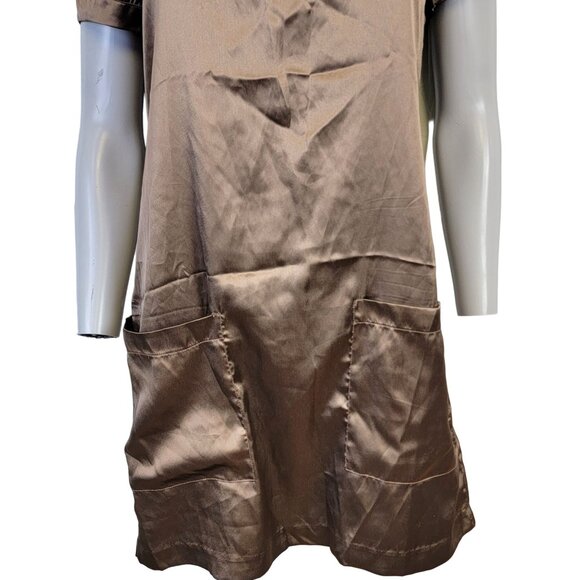 Vintage 90s Satin A-line Mini Dress Women Small Brown Pockets Soft 4 6 S Boho S - Picture 11 of 14